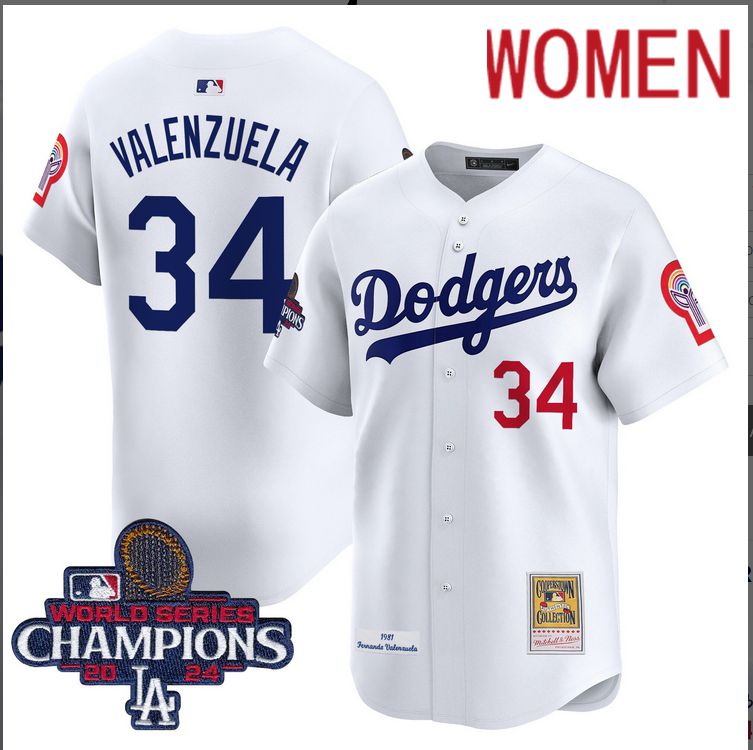 Women  MLB Los Angeles Dodgers #34 Valenzuela white 2024 World Series Champions Patch Cooperstown Jersey 